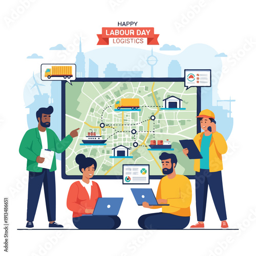 Vector illustration depicts logistics team working with a shipping route map