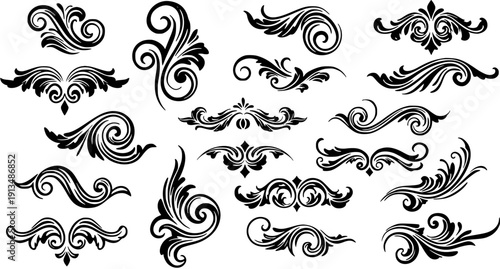 Elegant Black Vector Flourishes and Scrollwork Set for Decorative Design Elements, Borders, and Dividers
