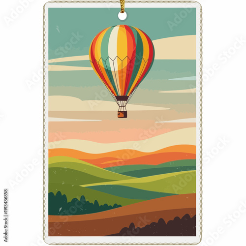 Striped hot air balloon flying over colorful rolling hills landscape