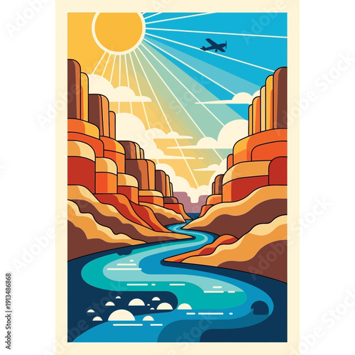 Stylized Grand Canyon with River, Sun, and Airplane
