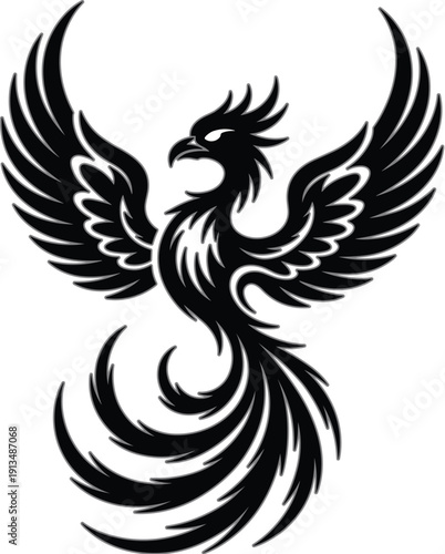Black phoenix bird silhouette illustration with spread wings, rising firebird symbol, tribal style mythical creature isolated on light background