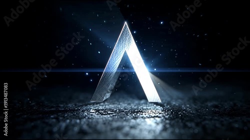 Glowing triangular prism with radiant light beam in dark space