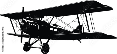 Vintage biplane aircraft silhouette in a perspective view isolated on white background for aviation history retro flight and antique propeller airplane design concepts.