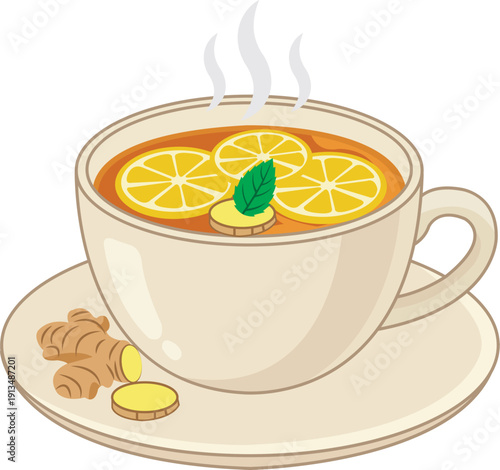Hot Lemon Ginger Tea In Cup With Fresh Lemon Slices And Mint On Saucer