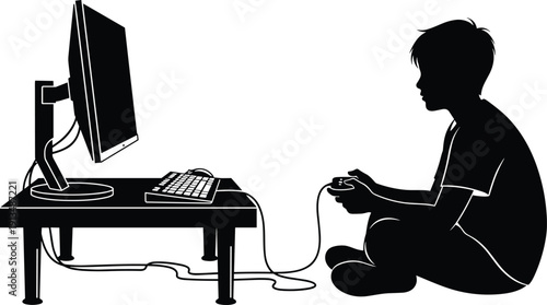 Young boy gamer silhouette sitting and playing video games with a controller and computer monitor, perfect for gaming industry, e-sports, and technology vector design.