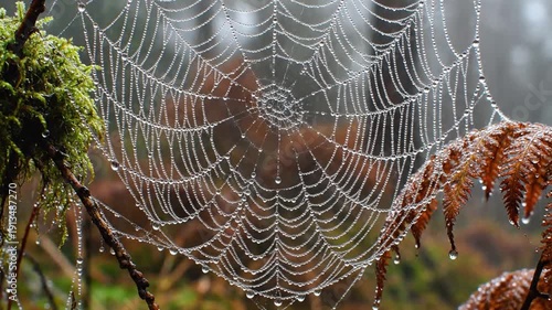 Dewy Spider Web in Forest Undergrowth