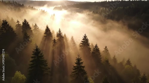 Misty Forest at Sunrise with Sunbeams