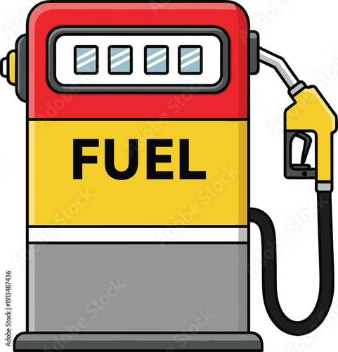 Retro Fuel Pump Illustration of a Gas Station Dispenser with Yellow Nozzle and Red Top for Petroleum, Energy, Transport, and Automotive Service Station Concepts