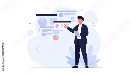 Business Man Presenting Financial Data and Charts on Screen