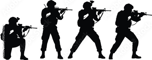 Military Special Forces Soldiers Silhouette Set in Various Combat Positions Holding Assault Rifles for Tactical Mission Defense and Armed Infantry Warfare Concept Vector Illustration