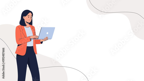 Businesswoman working on laptop computer, modern minimalist illustration, professional woman