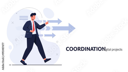 Businessman Walking Forward with Arrows, Teamwork and Strategy Concept