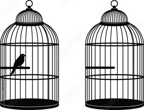 Black Silhouette Set of Two Birdcages with One Cage Containing a Small Songbird and the Other Empty Isolated on White Background for Vintage Designs