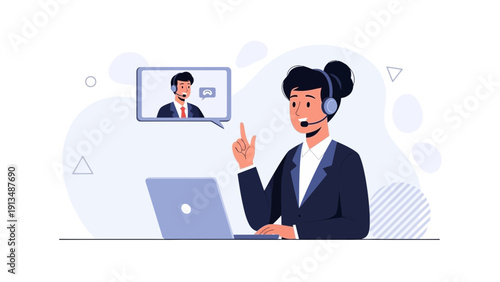 Customer service representative with headset on laptop, video call with colleague