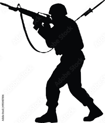 Black Silhouette of an Infantry Soldier in Combat Gear Aiming a Rifle and Advancing Forward During a Military Mission Isolated on White Background