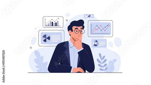 Businessman analyzing data charts and graphs, thinking about strategy