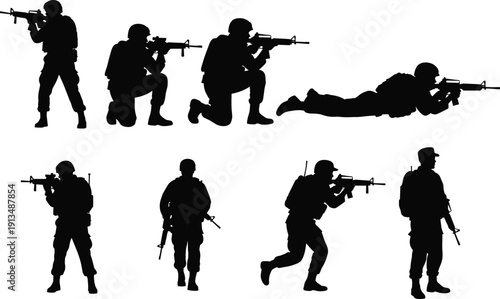 Black Military Soldier Silhouettes Set in Various Combat Poses with Rifles Including Standing Kneeling and Prone Positions Isolated on White Background for Tactical Design