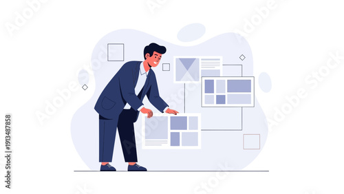 Man arranging website wireframes and user interface layouts on a wall
