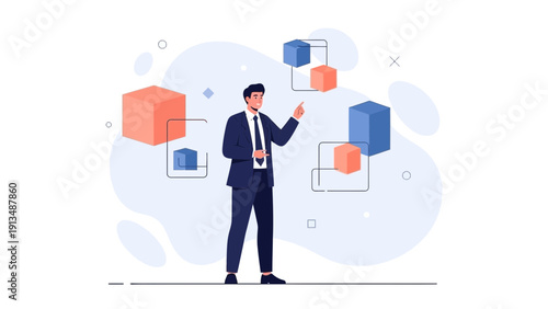 Businessman interacting with digital cubes, data visualization, blockchain concept