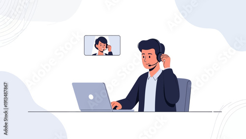 Customer service agent with headset using laptop for remote business call