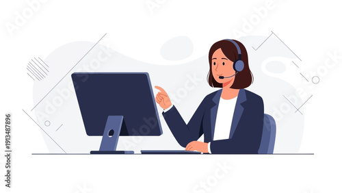 Customer service operator with headset and computer, modern flat illustration