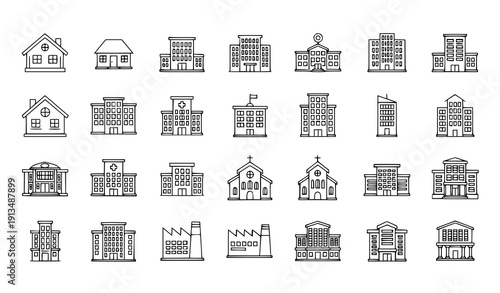 Public buildings outline icon set vector city infrastructure and community facilities isolated on transparent background