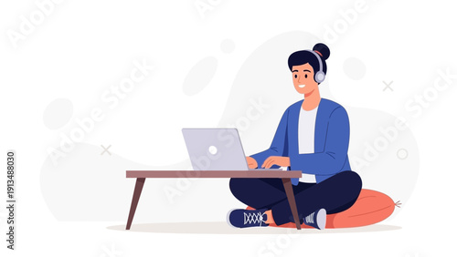 Woman Working Remotely on Laptop with Headphones, Comfortable Home Office