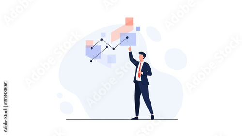 Businessman analyzing financial chart with growth statistics on white background