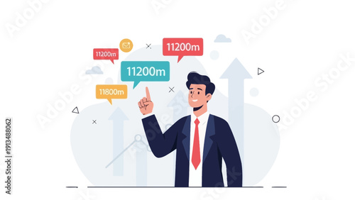 Businessman pointing up with rising stock market graph and data
