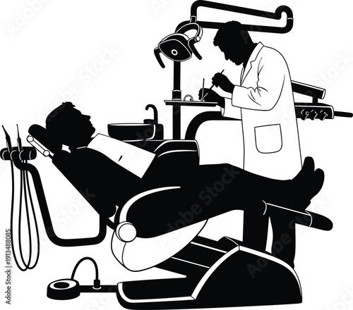 Black Silhouette of Dentist Treating Patient in Dental Chair Isolated on White Background for Stomatology Healthcare Medical Service Oral Hygiene and Clinic Design