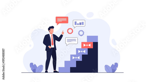 Businessman climbing stairs with gears and charts, representing career growth and strategy
