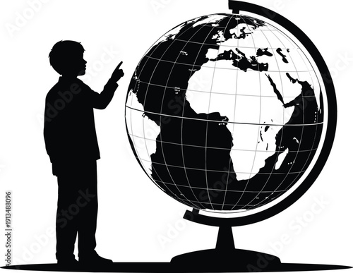 Silhouette of a young child student pointing at large world globe for education geography travel and global discovery concept