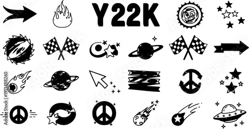 Funky Doodle Icon Collection: Arrows, Stars, Planets, Peace  Retro Emblems Hand Drawn in Black  White