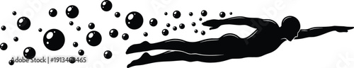 Black silhouette illustration of a man swimming underwater in a streamlined position with a trail of bubbles