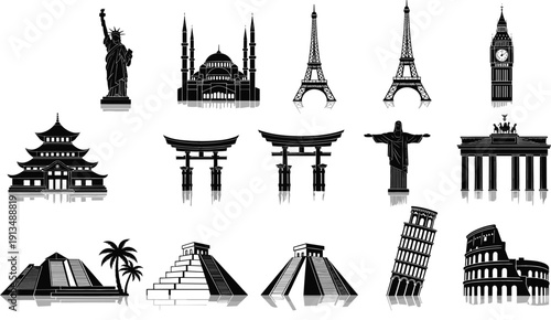 Black silhouette vector set of world famous landmarks and monuments with reflections for global travel and international tourism design