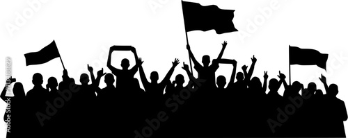 Silhouettes of a diverse crowd cheering or protesting, holding flags and banners with hands raised in unity, depicting a rally, demonstration, or celebration against a white background.