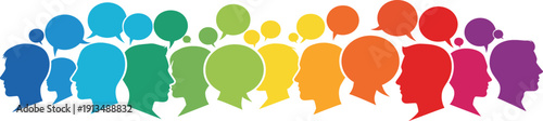 Vector illustration of colorful human profile silhouettes with speech bubbles representing global communication diversity social media and community networking