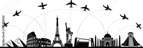 Black silhouette vector of world famous landmarks and monuments with airplanes flying on dotted paths for global tourism concept