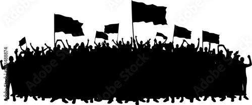 Silhouette of a large protesting or celebrating crowd with raised hands and flags, depicting a rally, demonstration, or event for activism and unity on a white background.
