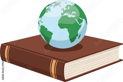 Vector illustration of a world globe sitting on a brown textbook representing global education and international learning knowledge