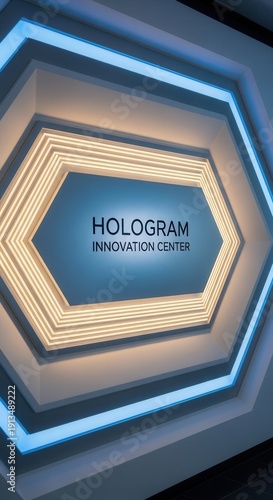 Futuristic Illuminated Hologram Innovation Center Sign Displayed On a Modern Building Wall
