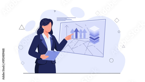 Businesswoman presenting financial growth chart and data analysis in modern office