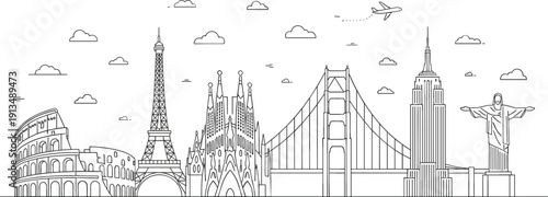 Professional global landmark skyline illustration featuring world-famous monuments architectural icons international travel destinations and city silhouette vector graphic elements