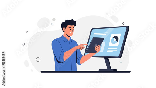 Man interacting with digital tablet and computer screen for business analytics