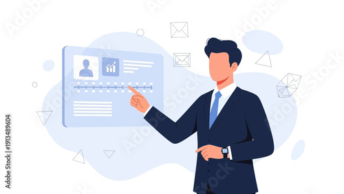 Businessman interacting with futuristic digital interface, data analytics, timeline