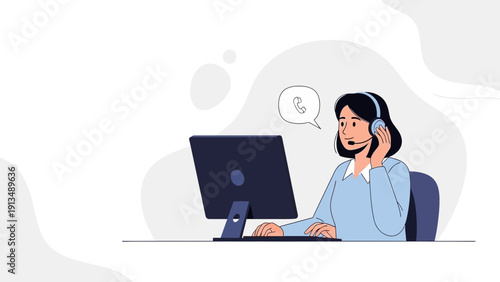 Customer Service Representative Working on Computer with Headset and Call Icon