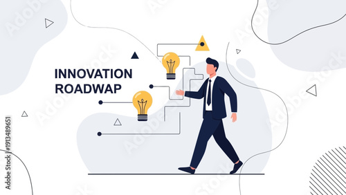 Businessman walking on innovation roadmap with lightbulb ideas