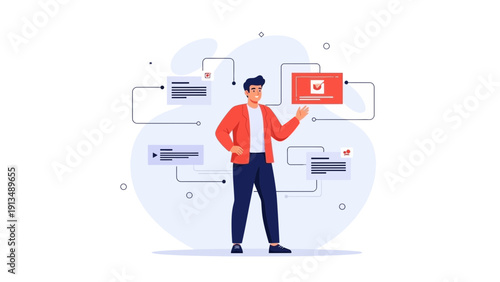 Man organizing digital content, workflow, planning, strategy, management concept