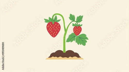 Strawberry Plant Growing in Soil: A Simple Illustration of a Strawberry Plant with Two Ripe Strawberries