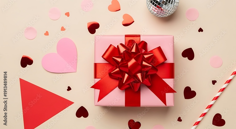 Obraz premium A festive scene with red hearts and a gift box on a white background